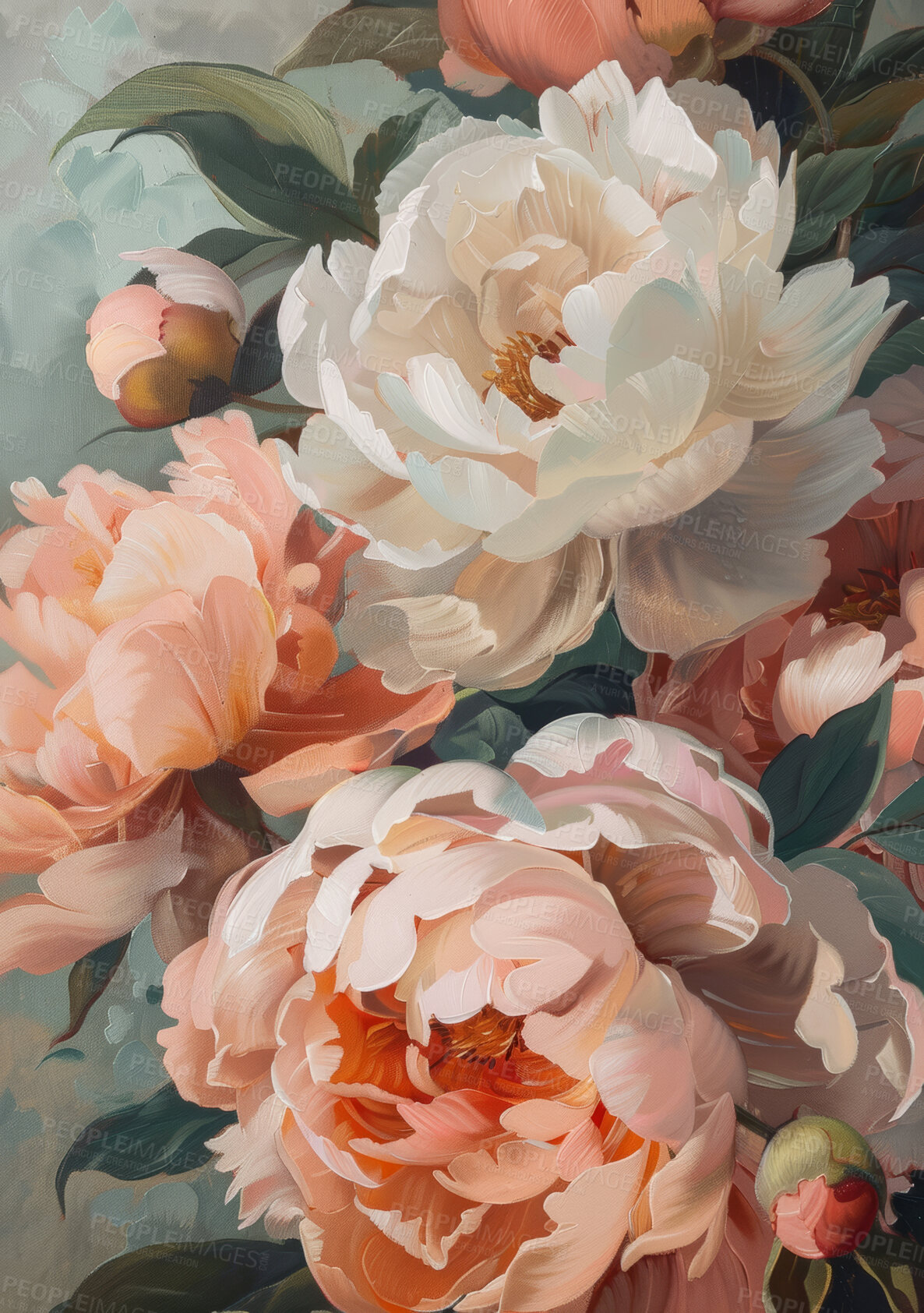 Buy stock photo Flowers, illustration and painting for art on canvas for abstract blooming with pink petals. Natural, creative and bouquet of peony floral plants with artistic watercolor for botanic texture.