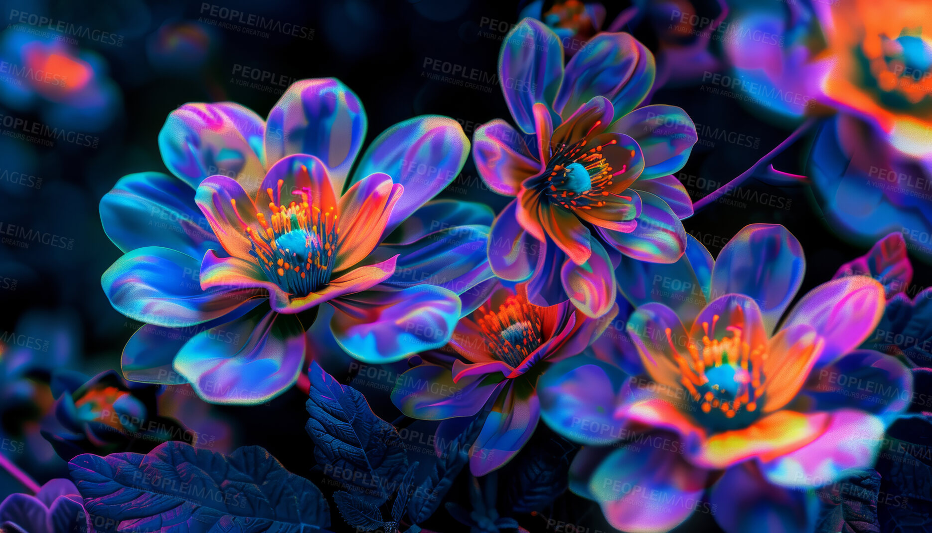 Buy stock photo Tropical, plant and abstract art or oil painting with neon flower background and iridescent glow for decoration, growth and future. Vibrant, flora and illustration or pattern for 3d nature backdrop