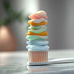 Closeup, toothpaste or toothbrush for cleaning teeth for hygiene, dentistry or dental wellness morning routine. Background, gel color or cosmetic healthcare for mouth protection, whitening or plaque