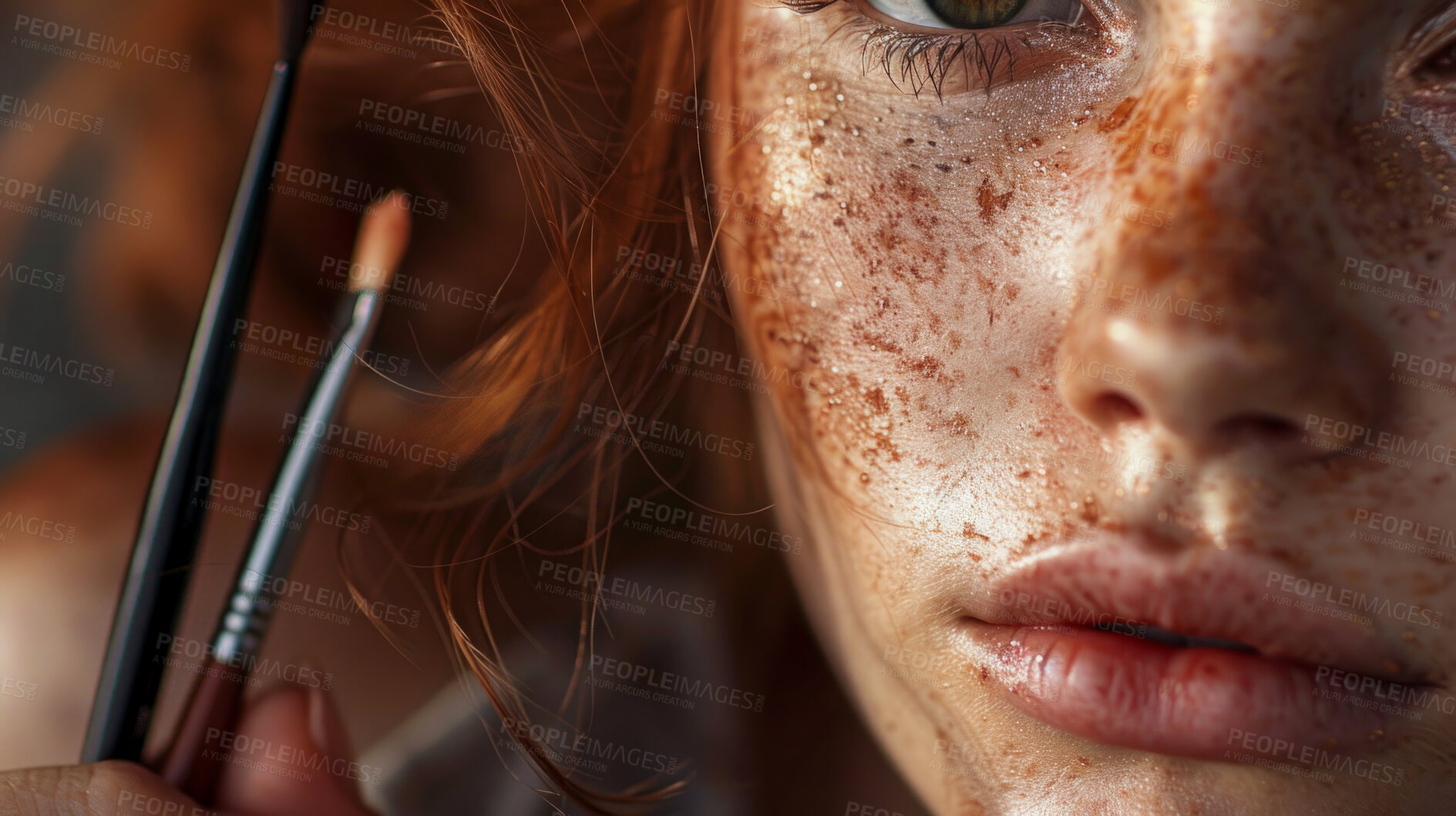 Buy stock photo Woman, makeup and brush for beauty cosmetics or skincare transformation, dermatology or product. Female person, wellness and freckles or self care texture with artist confidence, facial or aesthetic