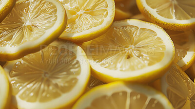 Buy stock photo Lemon, slice and closeup of citrus, fruit for healthy eating and nutrition, wellness and vitamin c. Organic, fresh and juice, ingredient for smoothie or baking with texture, sour and refreshing