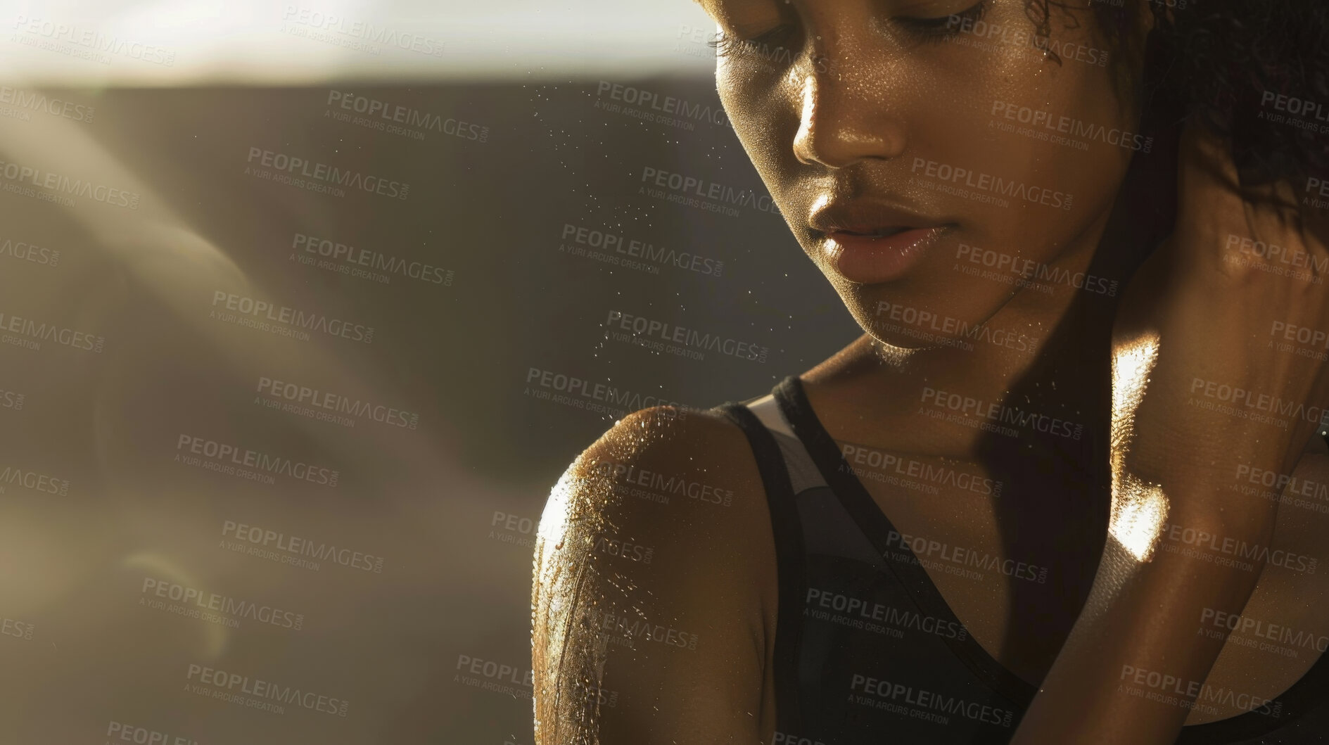 Buy stock photo Sweat, fitness and face of woman in gym for intense training, exercise and cardio workout. Sports, athlete and girl with fatigue, breathe and rest for wellness, health and performance in morning