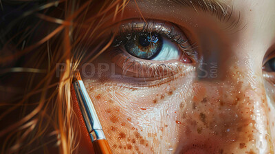 Woman, eyes and closeup of freckles with makeup for beauty, skincare and cosmetics brush with glowing skin. Melasma, girl and facial zoom with cosmetology, eyelashes and microblading for self care