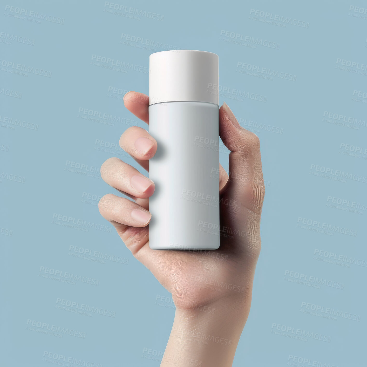 Buy stock photo Skincare, beauty and hands with bottle in studio for cosmetics, salon and wellness product. Spa aesthetic, dermatology and person with mockup container for cream, serum or makeup on gray background