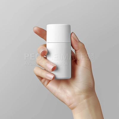 Skincare, beauty and hands with container in studio for cosmetics, salon and wellness product. Spa aesthetic, dermatology and person with mockup bottle for cream, serum or makeup on gray background