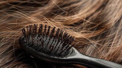 Hair, beauty and closeup of brush for cosmetics, shampoo or shine, treatment and results. Growth, tools and haircare with brushing equipment for head, scalp and circulation for texture improvement