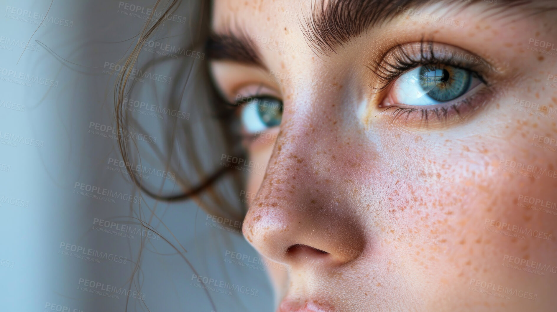 Buy stock photo Woman, eyes and thinking in home vision or problem solving as thoughts, future or decision. Female person, wondering and brainstorming or reflection for remember nostalgia, dreaming or contemplating