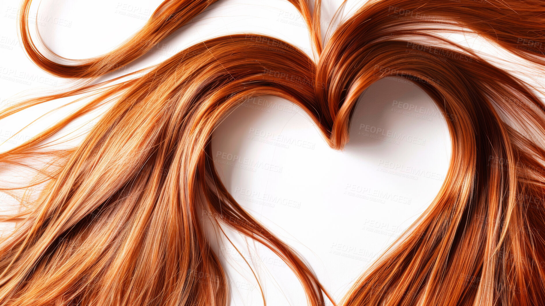 Buy stock photo Love, ginger hair in shape of heart with charity, support and donation for cancer foundation on white background. Haircut, strand and smooth texture with symbol for hope, kindness and shine on wig