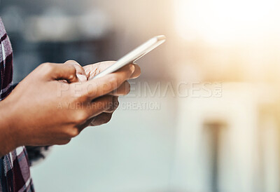 Buy stock photo Woman, hands and phone of student on social media for communication, texting or networking at campus. Hand of female person or university learner typing or chatting on mobile smartphone app on mockup