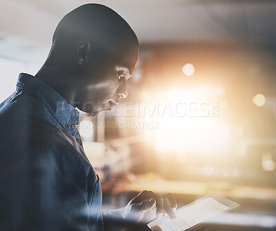 Buy stock photo Black business man, night and tablet with analysis, planning or focus for deadline, research or project. African businessman, digital touchscreen or web design for ux, website or reading in workplace