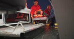 Ambulance, first aid and accident with a paramedic team on scene to rescue a person at night. Healthcare, medical and emergency with emt services on the street for urgent or professional medicare