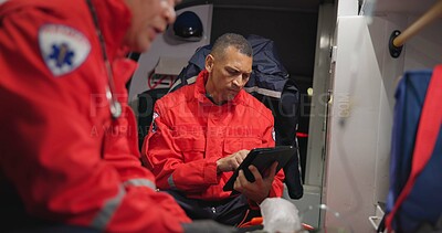 Ambulance, patient and paramedic with tablet for healthcare with technology, communication and doctor update. Ems, accident and victim with oxygen mask, digital medical service and transportation
