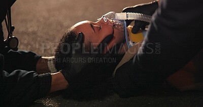 Accident, patient and neck brace on face in emergency, night and paramedic for medical service. Victim, closeup and saving or rescue from disaster, first aid and cpr and oxygen mask for drunk driving
