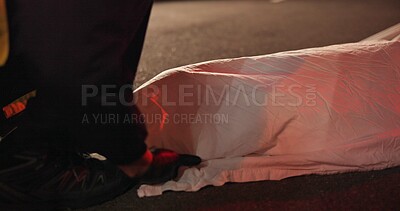 Crime scene, dead body and cover for accident at night in road, street or outdoor with paramedic or 911. Death, first responder and woman murder, violence or homicide with law enforcement or medic