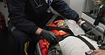 Patient, medic and man with oxygen mask in ambulance for emergency, injury or healthcare with neck brace. First responder, 911 and person with anesthesia for medical health, support or victim check