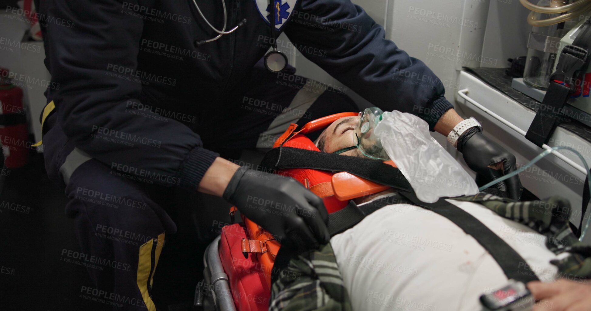 Buy stock photo Patient, medic and man with oxygen mask in ambulance for emergency, injury or healthcare with neck brace. First responder, 911 and person with anesthesia for medical health, support or victim check