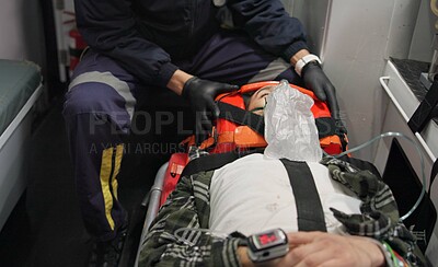 Patient, paramedic and man with oxygen mask in ambulance for emergency, injury or healthcare with neck brace. First responder, 911 and person with anesthesia for medical health, support or victim