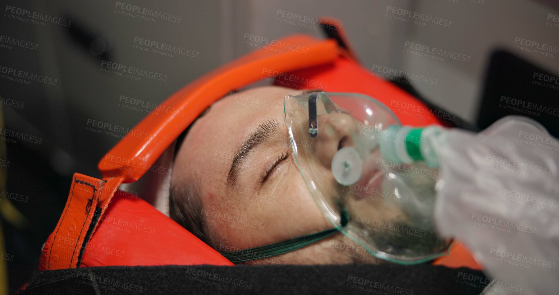 Buy stock photo Patient, paramedic and check pupil response in emergency medical service, accident and oxygen mask. Victim, injury and test in disaster, trust and support in closeup of face, healthcare or rescue