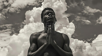 Clouds, prayer and black man on blue sky with hands for religion, spirituality and faith in nature. Heaven, praying and silhouette of religious person with eyes closed for praise, blessing or worship