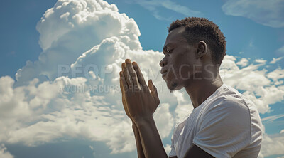 Clouds, prayer and black man on sky with hands for hope, spirituality and faith in religion and God. Heaven, praying and religious person with eyes closed for praise, blessing and worship in nature