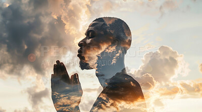 Clouds, prayer and man on sky with hands for religion, spirituality and praying with sunset. Heaven, double exposure and overlay of religious person with eyes closed for praise, blessing and worship