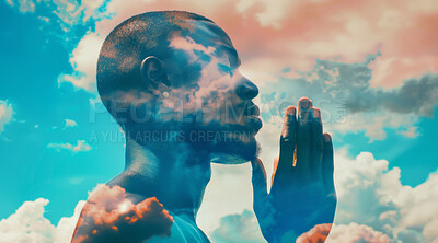 Clouds, prayer and man on blue sky with hands for religion, spirituality and faith in nature. Heaven, praying and silhouette of religious person with eyes closed for praise, blessing and worship