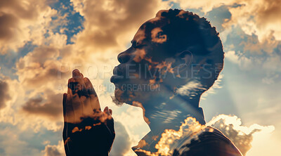 Clouds, prayer and shadow of man on sky with hands for religion, spirituality and faith. Heaven, praying overlay and silhouette of religious person with eyes closed for praise, blessing and worship