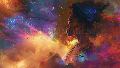 Double exposure, galaxy and woman with abstract dream of colorful clouds, freedom or zen in universe. Sky, cosmic and person with calm by psychedelic, spiritual and space background with stars.