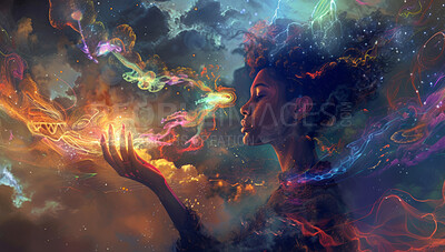 Double exposure, cosmic and woman with abstract dream of colorful clouds, freedom or zen in universe. Sky, galaxy and person with calm by psychedelic, spiritual and space background with stars.