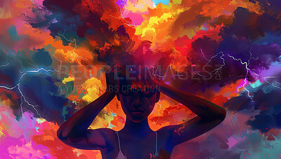 Art, woman or storm as pain, burnout of depression as creative, painting or vision as fear aesthetic. Thunder, lightning or girl on colorful, clouds or trauma, headache or anxiety on ptsd wallpaper