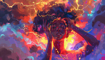 Art, girl or storm as pain, burnout of depression as stress, painting or vision as anxiety aesthetic. Thunder, lightning or woman on colorful, clouds or trauma, headache or prayer on ptsd wallpaper