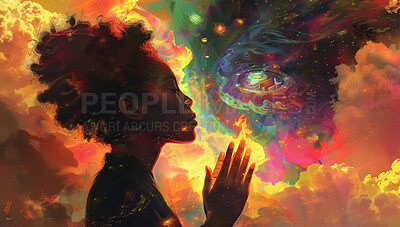 Galaxy, prayer and woman with zen by double exposure for abstract dream of colorful clouds or peace in universe. Sky, cosmic and person with meditation for calm by psychedelic and space background.