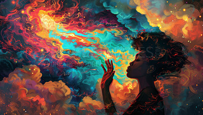 Double exposure, universe and woman with abstract dream of colorful clouds or zen in galaxy. Sky, cosmic and illustration of person with calm by psychedelic, spiritual and space background with stars