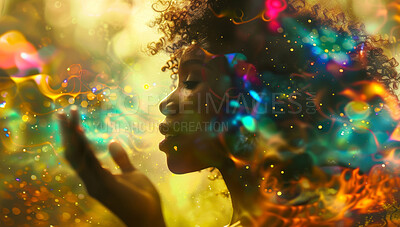 Double exposure, universe and woman with abstract dream of colorful clouds, freedom or zen in galaxy. Sky, cosmic and person with calm by psychedelic, spiritual and space background with stars.