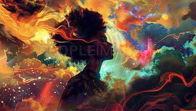Black woman, clouds or space of mind, universe or thinking, question or idea of psychology wallpaper. Afro, girl or galaxy of energy, flow or stars as dream, wonder or magic of spiritual mindfulness