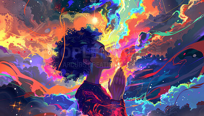 Woman, meditation and spirituality or mindful universe with psychedelic practice, cosmic or galaxy. Black person, clouds and creative aura with stars for astrology zodiac, prediction or horoscope