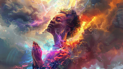 Woman, praying hands and heaven sky in clouds with lightning storm for mental health, God or Christianity. Black person, nature and praise worship for depression problem or holy spirit or religion