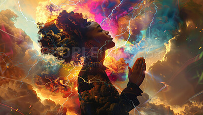 Double exposure, woman and prayer with colorful clouds for freedom, spiritual and zen with meditation and mindfulness. Person, sky and psychedelic background for faith and peace in galaxy with cosmic