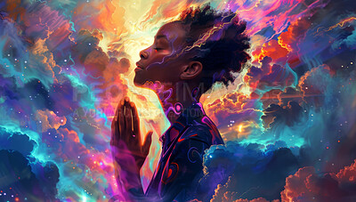 Woman, clouds or prayer as religion, faith or spiritual battle of colorful, universe or wallpaper. Black girl, eyes closed or hands in hope, worship or dream of mental health, thinking or mindfulness