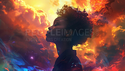 Woman, double exposure and spiritual, freedom and peace with vibrant clouds for zen meditation and mindfulness. Person, sky and psychedelic background for trust and connection in faith or religion