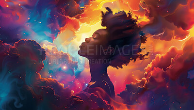 Double exposure, woman and freedom, with spiritual peace and creative clouds for meditation and mindfulness. Person, sky and psychedelic background for wellness in galaxy with zen awareness and dream