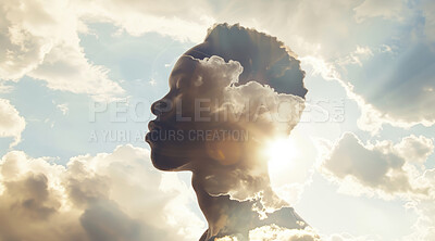 Double exposure, pray and man in clouds, god and spiritual, faith and worship of religion, peace and Easter. Outdoor, nature and profile of male person, Christian and heaven and soul with Christ