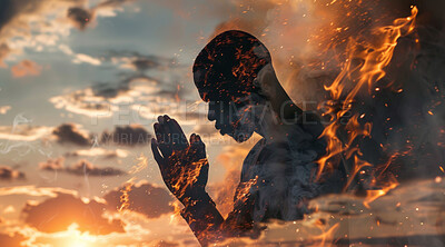 Double exposure, pray and man in clouds, spiritual and face, faith and worship God, fire and confession. Outdoor, nature and religion of male person, Christian and symbolism of heaven or hell in sky