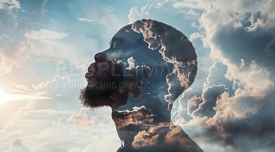 Double exposure, pray and man in sky, clouds and spiritual, faith and worship God, peace and Easter. Outdoor, nature and profile of male person, Christian and symbolism of heaven and soul with Christ