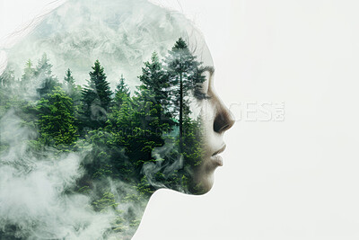 Woman, double exposure and forest with thinking on environment with sustainability, growth and trees. Person, headshot and profile with woods, eco friendly and peace in winter with care for nature