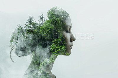 Woman, double exposure and forest with nature in environment with sustainability, growth or thinking. Person, climate change and profile for ideas, eco friendly or peace in winter with fog in woods