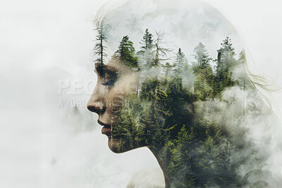 Woman, double exposure and nature with trees in environment for sustainability, growth and thinking. Person, climate change and profile for ideas, eco friendly or peace in winter with fog in woods