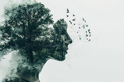 Woman, double exposure and thinking with birds, trees and vision for sustainability, ecology and nature. Person, forest or woods with perspective for animal, plants and solution for climate change