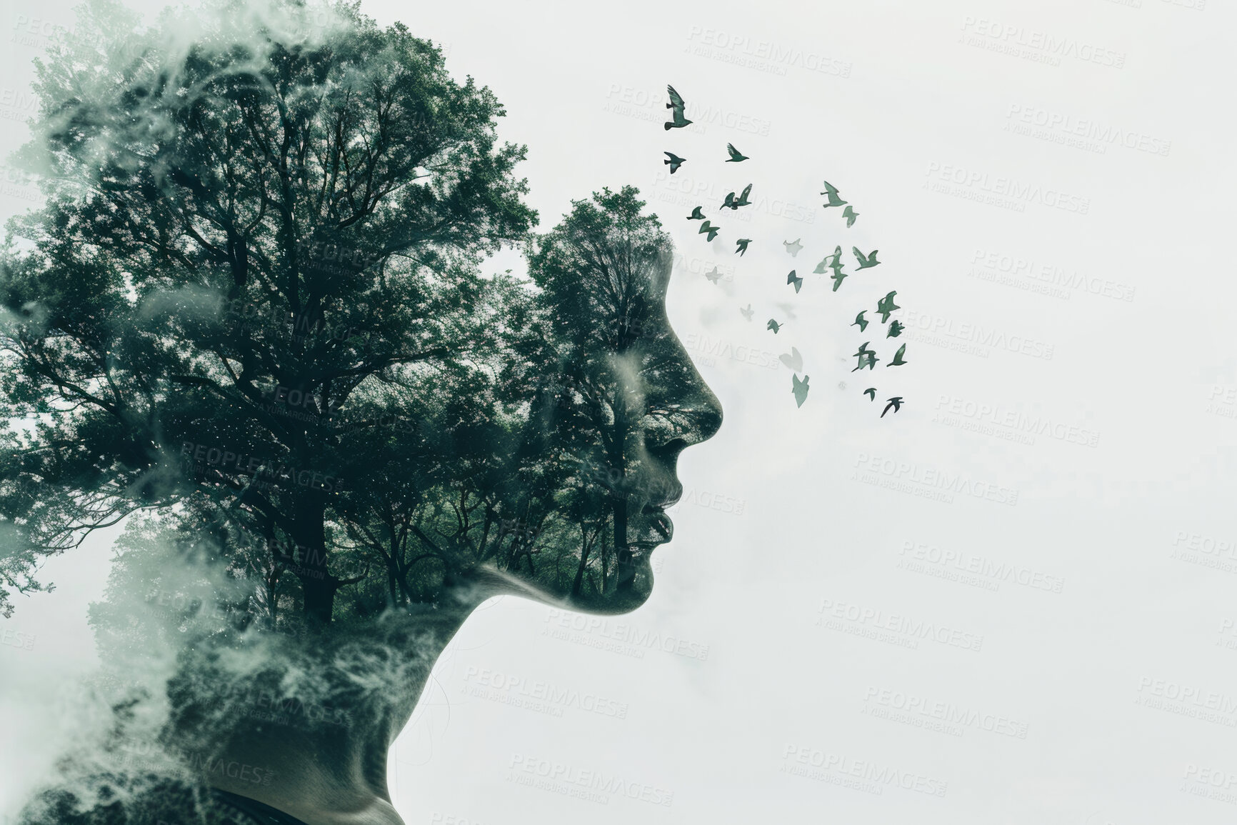 Buy stock photo Woman, double exposure and thinking with birds, trees and vision for sustainability, ecology and nature. Person, forest or woods with perspective for animal, plants and solution for climate change