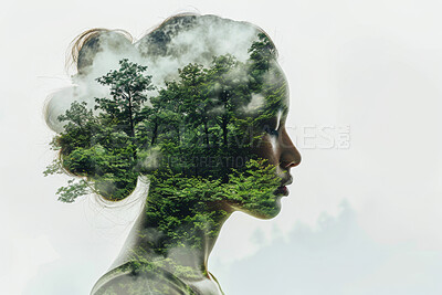 Woman, double exposure and forest with trees in environment with sustainability, growth or thinking. Person, climate change and profile for woods, eco friendly or peace in winter with fog in nature